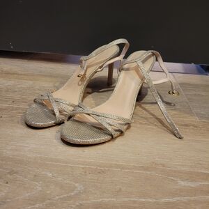 Silver Satin Heels with Ribbon Ties